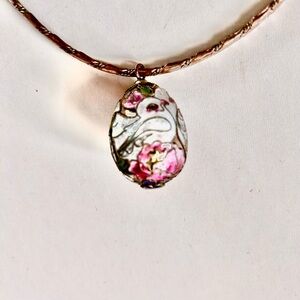 Vintage Cloisonné Enamel Egg Pendant (1 3/4”) on a Silvertone Choker Necklace